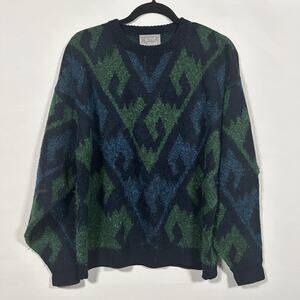 Vintage 90s Le Tigre Argyle Aztec Grandpa Sweater USA Blue Green Men's Medium‎